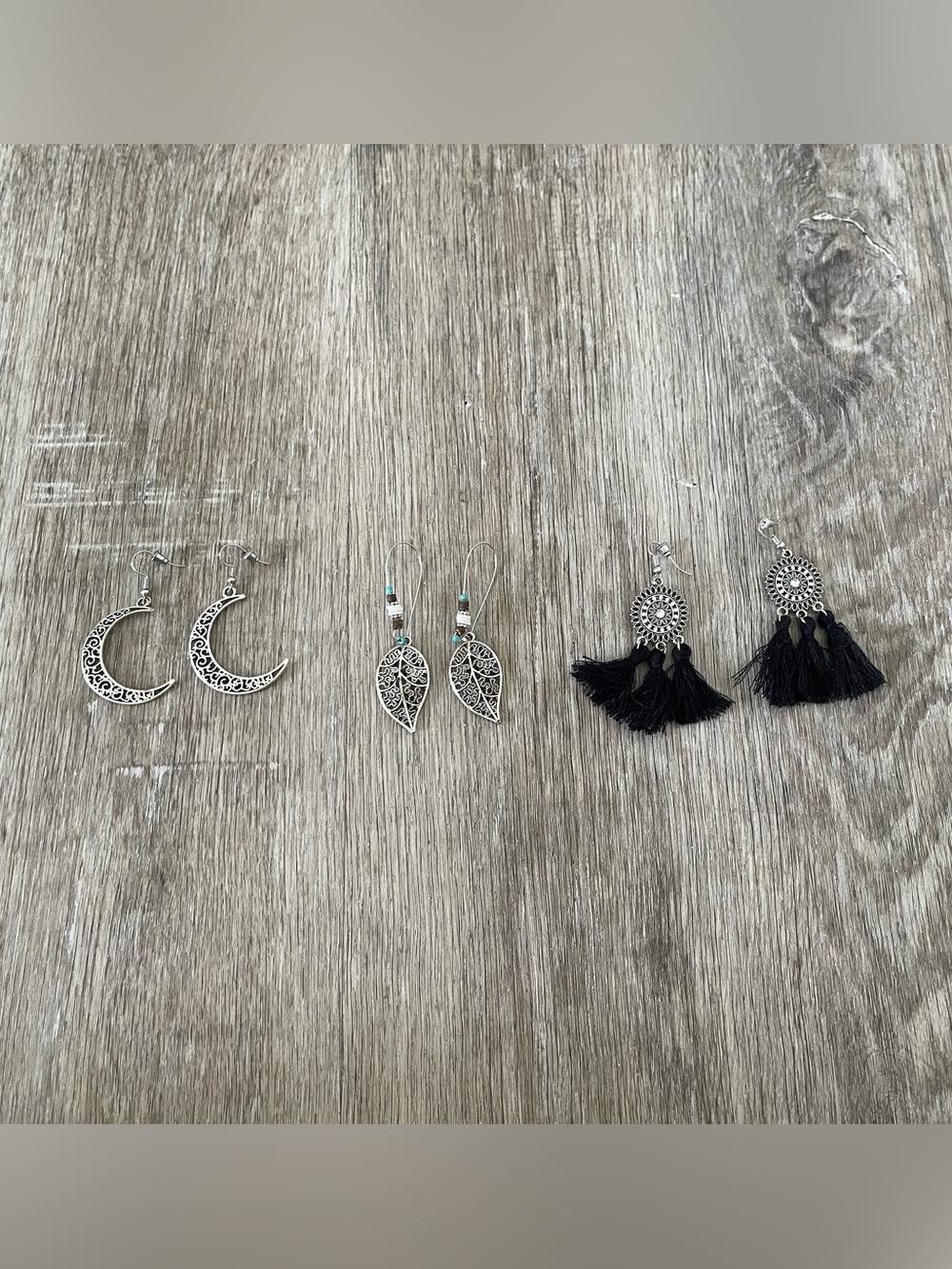 3-Pair Boho Statement Earrings Set Silver Tone Crescent Moon Leaf Black Tassel